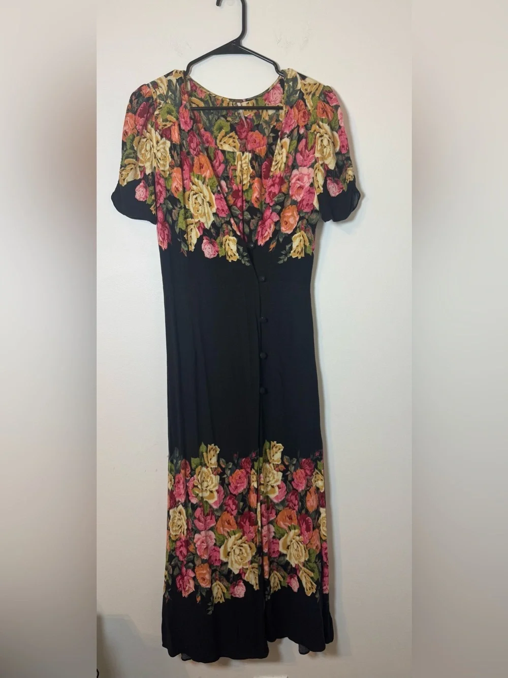 Free People Floral Midi Dress Black Boho Button Front Small